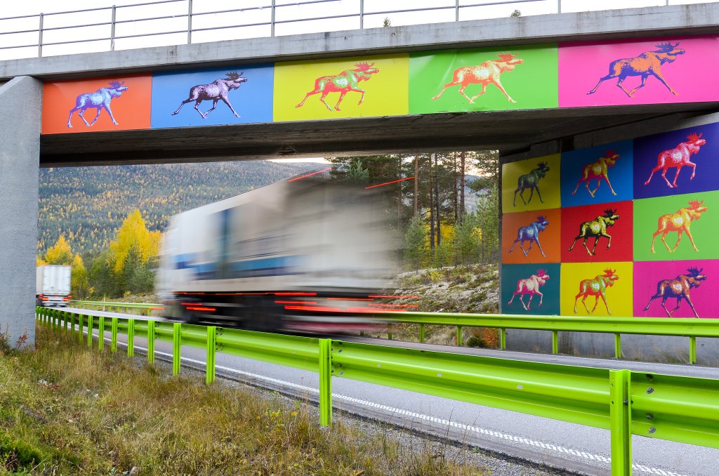 
Kunstnerisk utsmykking av jernbaneundergang på Rv 3 i Østerdalen. Sammen med grønnmalt autovern er det med på å bryte monotonien og bedre trafikksikkerheten
Kunstprosjekt: Malte elggevir er montert flere steder langs Rv. 3 i Østerdalen for å øke reiseopplevelsen og minske monotonien i tillegg til å skjerpe oppmerksomheten ang. elgfare.
