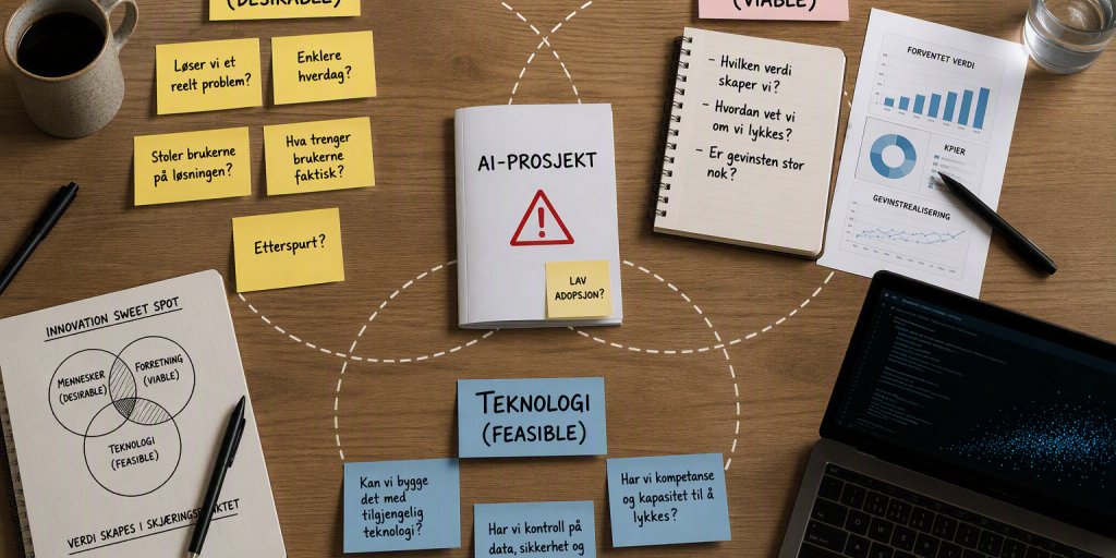 Diagram som viser hvordan et AI-prosjekt balanserer hensyn til mennesker, forretning og teknologi. Rundt prosjektet vises spørsmål om brukerbehov, verdiskaping, risiko, kompetanse og teknisk gjennomførbarhet.