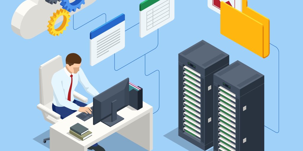 Bildet er en illustrasjon og viser en mann ved en computer