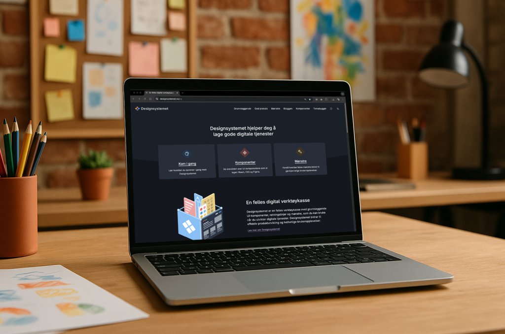 Illustrasjonsbilde av Designsystemet til Digdir. På bildet ser du en Mac på en pult som har førstesiden til Designsystemet åpent. 