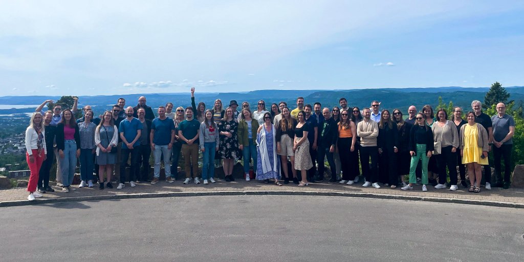 Gruppebilde av Team Optimizly i Bouvet på samling. På bildet står de på en høyde med flott utsikt. 