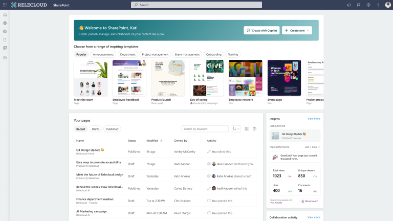 Nettside SharePoint start, mine sider, engasjement for mine sider, Copilot assistent for innholdsgenerering