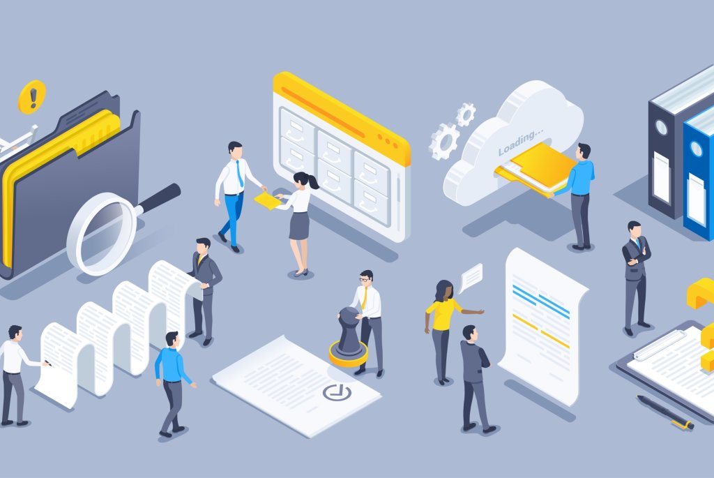 Bildet er en illustrasjon som viser forskjellige situasjoner i en bedrift