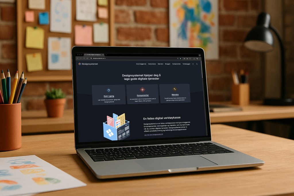 Illustrasjonsbilde av Designsystemet til Digdir. På bildet ser du en Mac på en pult som har førstesiden til Designsystemet åpent. 