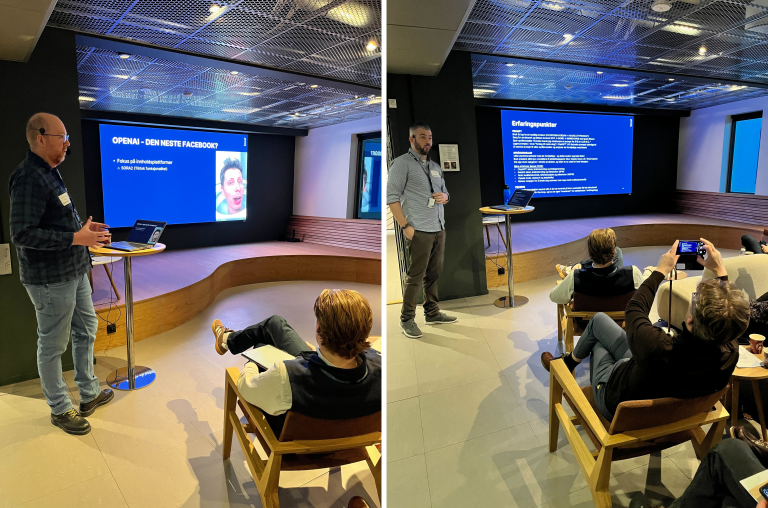 Bilder av Anders og Christian som delte kompetanse om AI på frokostmøtet på scenen
