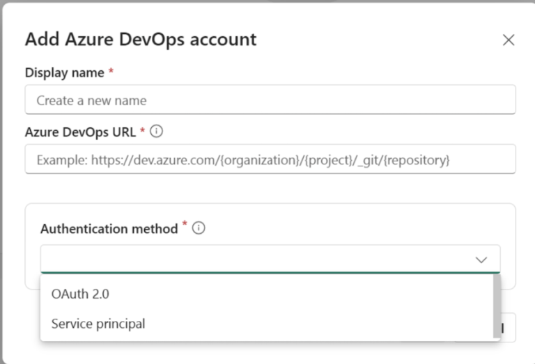 Skjerbilde viser hvordan du kan legge til Azure DevOps-konto med service principal-autentisering 
