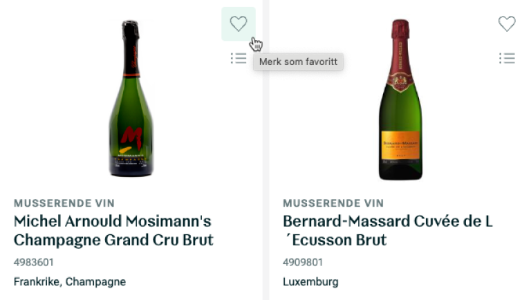 Favorittmarkering i produktutlisting fra Vinmonopolet.no.